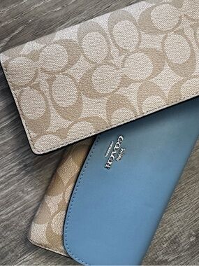 Coach Beige Signature Canvas Wallet with Blue Leather Flap